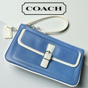 Coach Cornflower Blue and White‎ Leather Buckle Wristlet